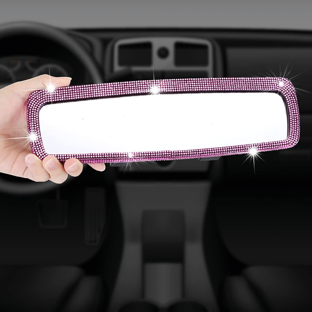 Car Rear View Mirror Accessories with Bling Crystal Diamonds Interior Trim Cover Pink