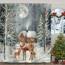 Christmas Deer Shower Curtain, Winter Forest Cabin Deer Cardinal Snowflake Scenery Shower Curtains for Bathroom, Rustic Farmhouse Snow New Year Fabric Bathtub Curtain Set with Hooks, 69X70IN