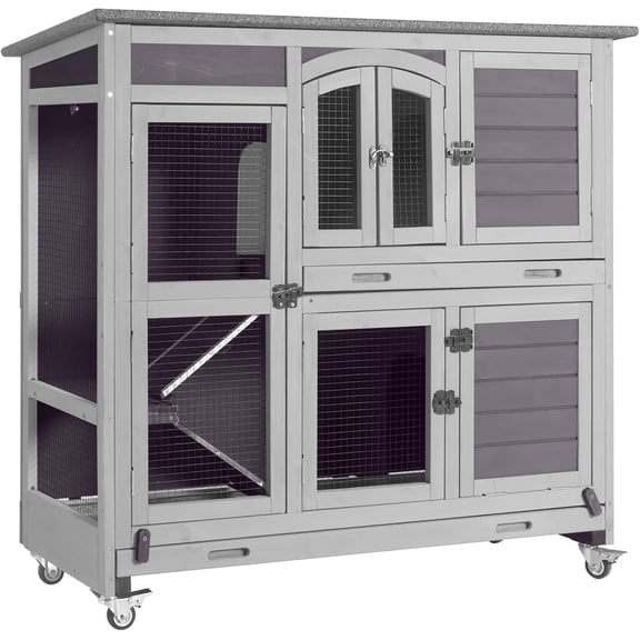 Aivituvin Two Story Rabbit Hutch Bunny Cage with Wheels, Indoor Outdoor Guinea Pig Cage with 2 Deep No Leak Tray