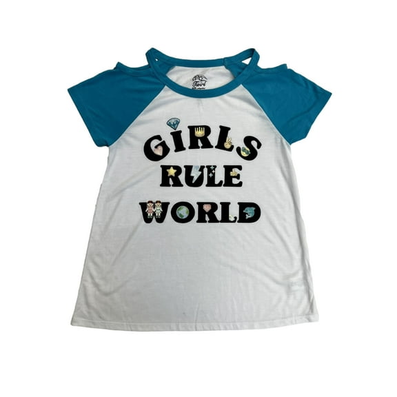 Girls White & Blue Girls Rule World Emoji Short Sleeve T-Shirt Top Large (14)