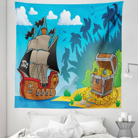 Pirate Theme Tapestry, Ship Sailboat with Sailor Coat of Arms and Treasure with Coins Cartoon, Fabric Wall Hanging Decor for Bedroom Living Room Dorm, 5 Sizes, Blue Earth Yellow, by Ambesonne