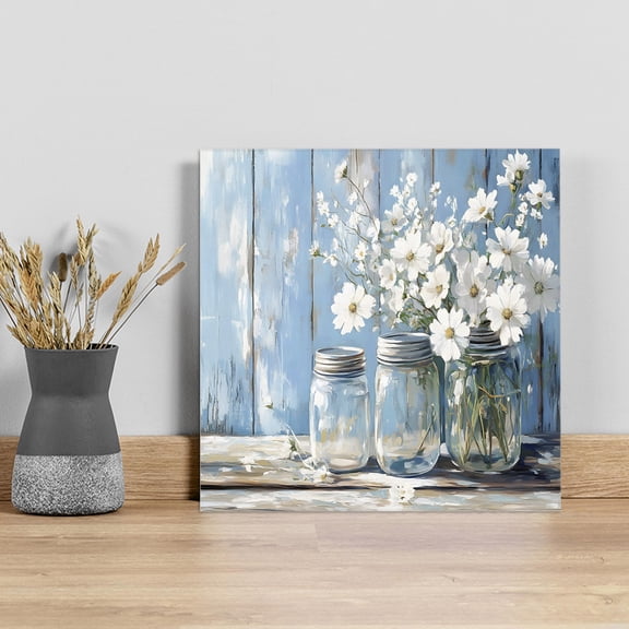 Daisies Flowers Wall Art Painting on Canvas, White Bottle Floral Rustic Blue Woodgrain Canvas Art Home Prints Wall Art Framed Modern Artwork for Living Room Bedroom Wall Decor 8x8in