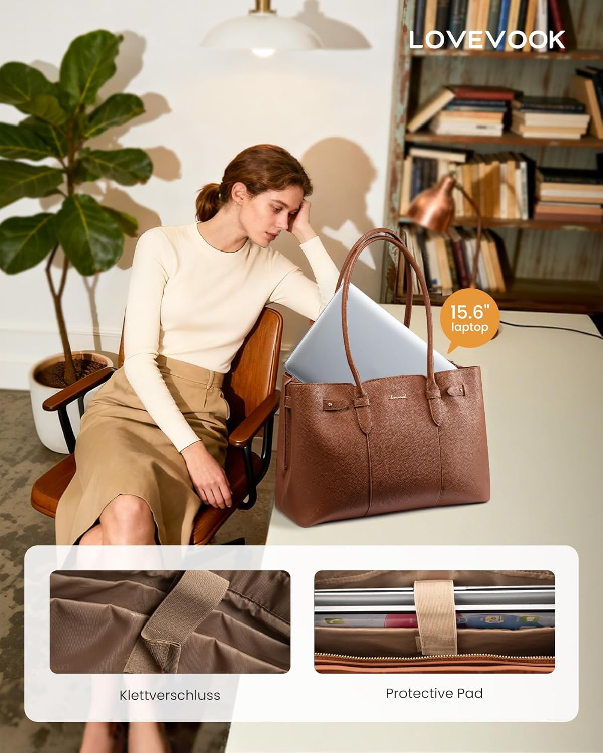 LOVEVOOK Laptop Tote Bag for Women, 15.6 Inch Waterproof Leather Computer Work Purse with Zipper for Teacher & Travel