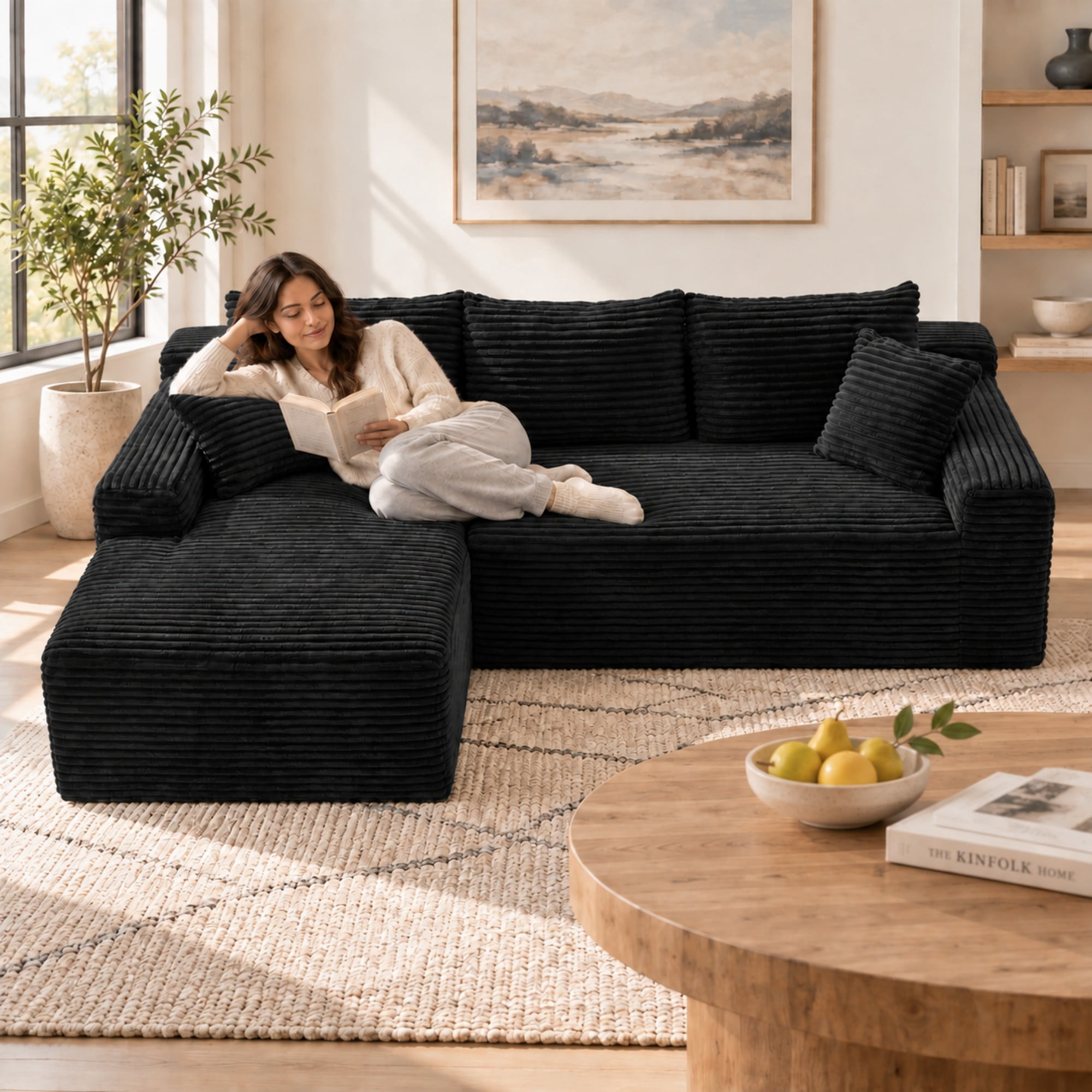 DEALTOPS 106" Corduroy L-Shape Sectional Sofa, Modular Floor Cloud Couch with Left Chaise, Black