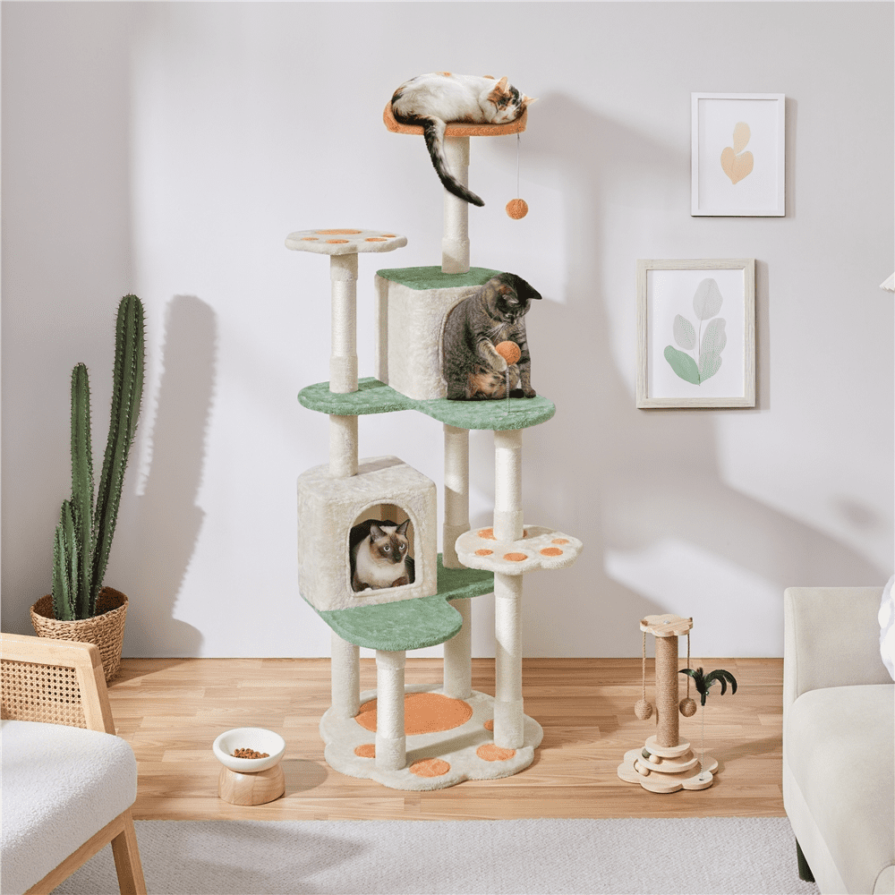 Alden Design 65″ Tall Cat Tree Paw-Shaped Play Tower for Small