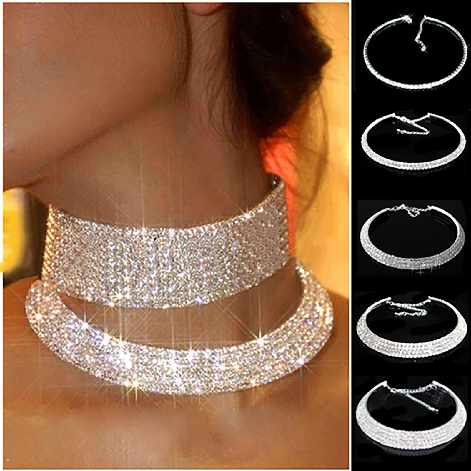 Heyjoin Sparkling Rhinestone Choker Necklace For Women - Gold & Silver Crystal Collar