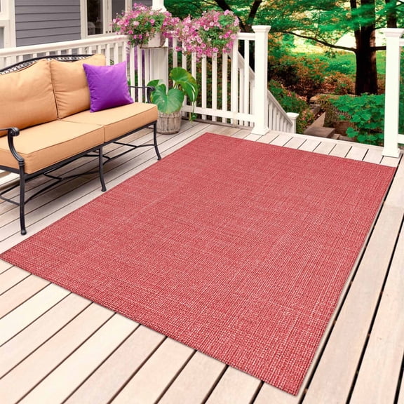 Vintage Coral Red Outdoor Rug 5x8 Ft, Non Slip Washable Area Rug, Farmhouse Retro Solid Color Linen Texture Patio Rugs Carpet Runner, Large Floor Mat for Indoor/Outdoor Deck Porch Camping