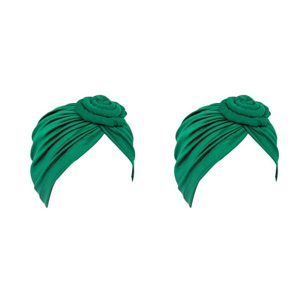 Qarigey Turbante Nudo Musulmán Hijab Donut Llanura Pañuelo Sombreros Pérdida Bonnet Decoración para Mujeres Accesorios Verde Verde 2piezas