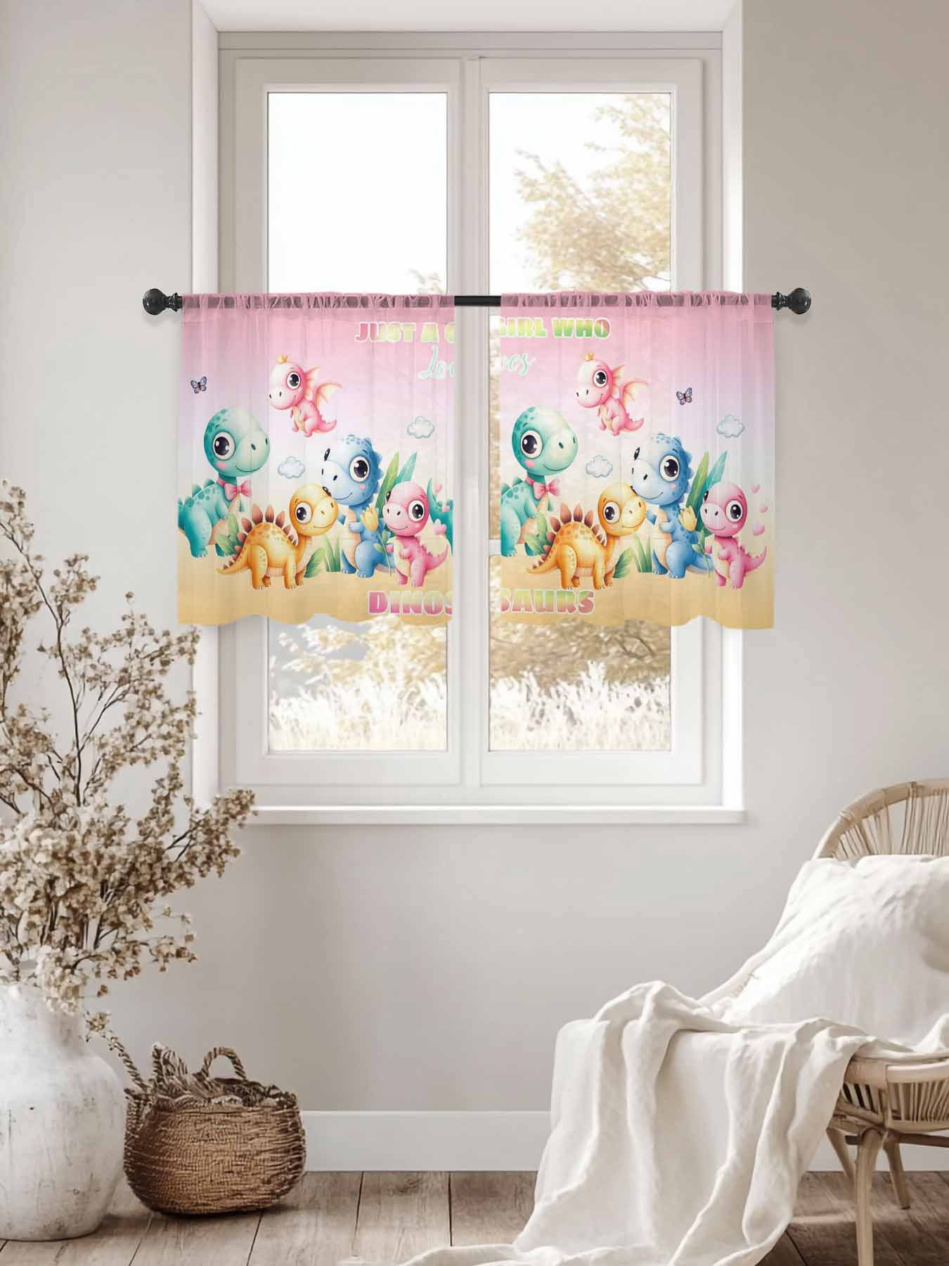 Cartoon Dinosaurs Sheer Curtains 2 Panels Set Just A Boy Who Loves Dinosaurs Gradient Pink Yellow Sheer Window Curtains Light Filtering Rod Pocket Voile Drapes for Bedroom Living Room 52"x54"