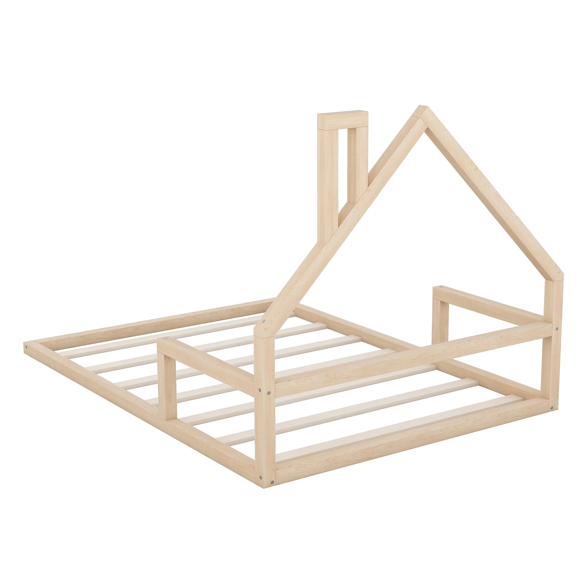 Euroco Full Size Wood Floor Bed for Kids Room, Natural