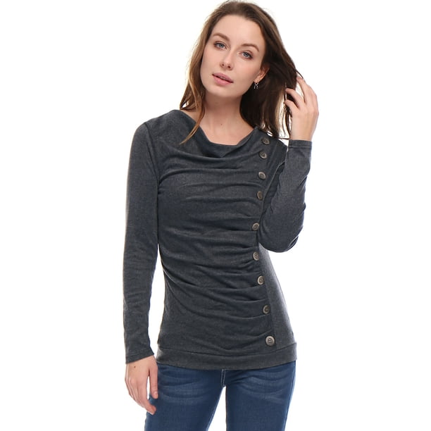Top acanalado con botones y mangas largas con cuello vuelto para mujer Gris oscuro 3XL