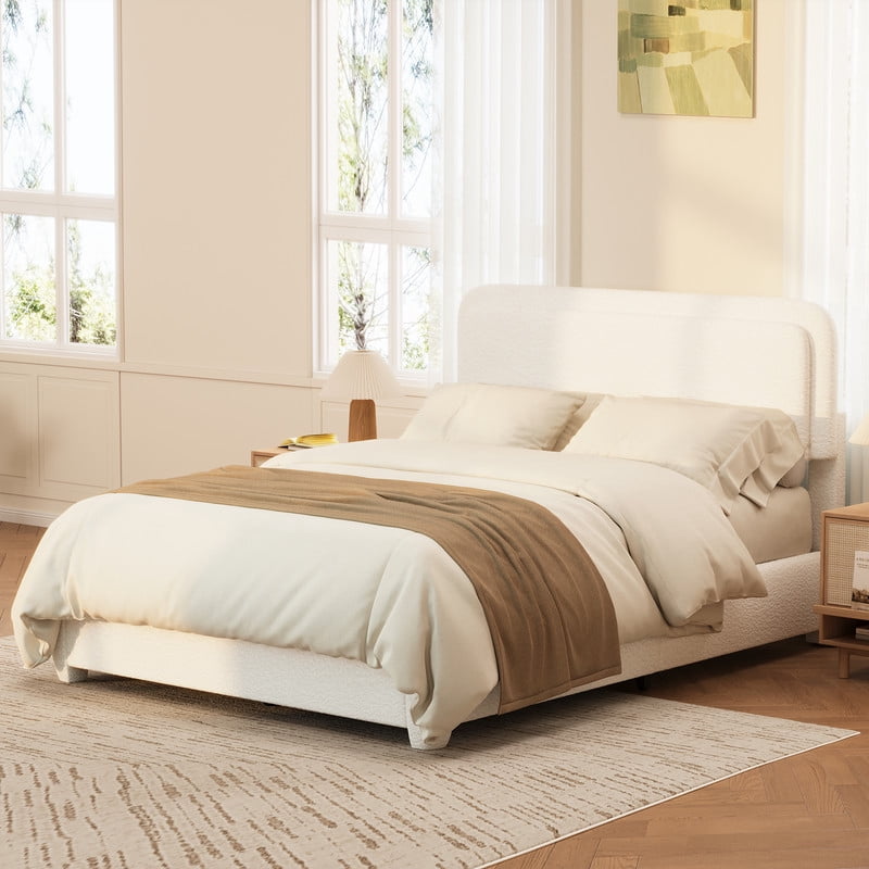 Full Size Boucle Upholstered Bed Frame with Adjustable Height Headboard, Low-Profile Platform Bed with Mattress Anti-Slip Holder