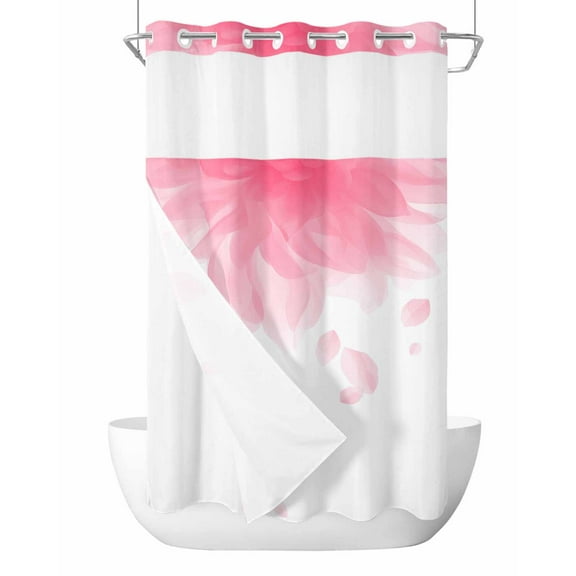 No Hook Cloth Fabric Shower Curtain with Snap in Liner, Modern Pink Waterproof Shower Curtains Set with See Through Top Window, Gradient Floral Abstract Bohemian White Bath Curtains Shower 36"x72"