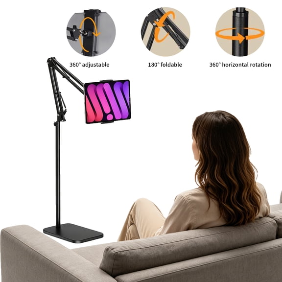 RYLZX Tablet Floor Stand with 5LB Metal Base, Overhead Bed Phone Stand Angle Height Adjustable Holder, Universal Floor Stand Compatible with iPhone iPad Pro Air Mini, Samsung Tab, Kindle, E-Readers