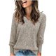 thumbnail image 1 of Suéter de cuello en V para mujer, suéter informal de invierno de color liso, cuello alto, manga larga, tejido suelto, suéter para mujer, 1 of 7