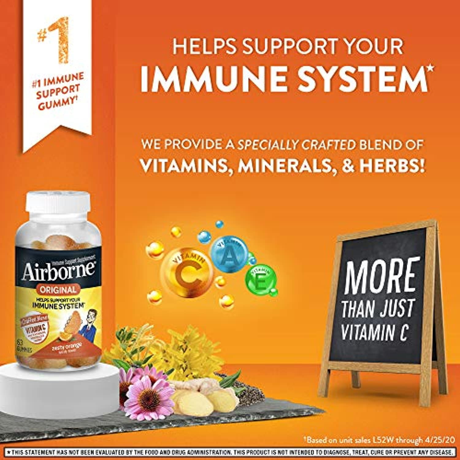 Vitamin C 750mg (per serving) - Airborne Zesty Orange Gummies (63 count in a bottle), Gluten-Free Immune Support Supplement With Vitamins C E, Selenium (Pack of 4)