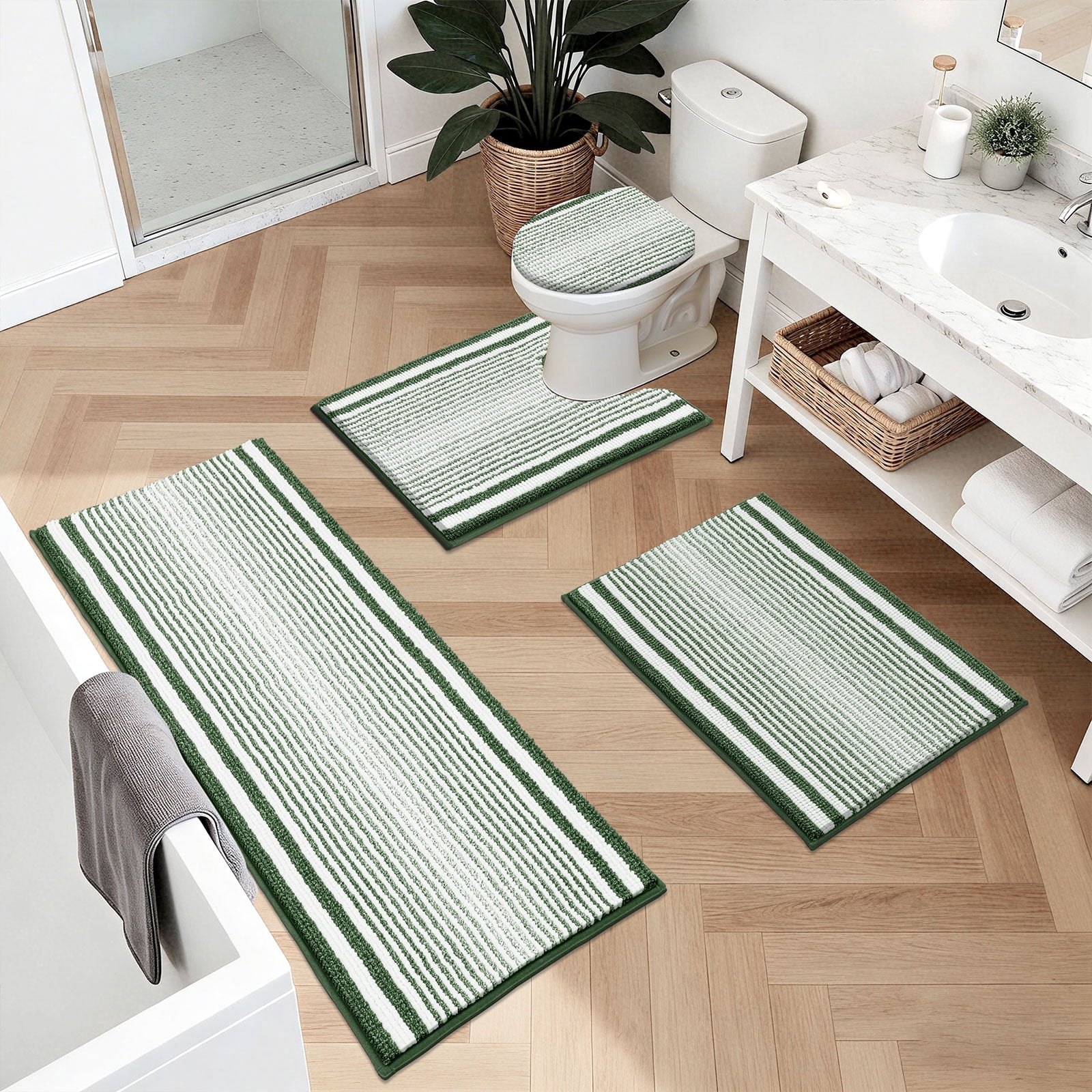 Ileading Chenille Bathroom Rugs Sets 4 Piece, Super Absorbent Non Slip Washable Bath Mat and U-Shaped Contour Toilet Rug Set for Tub Shower Floor Carpet