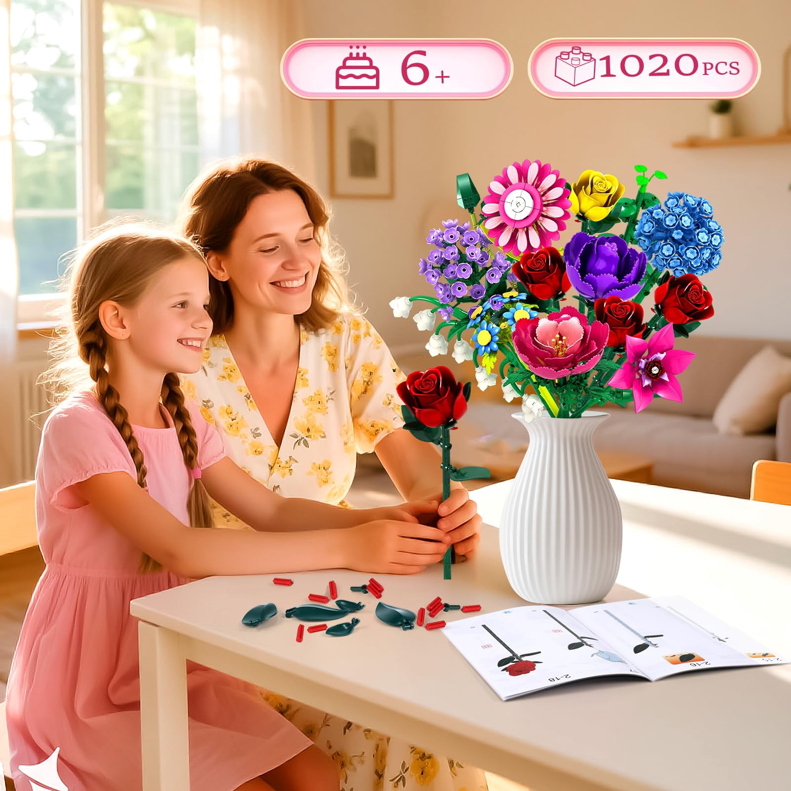 WIDELAND Flower Bouquet Building Set Compatible with Lego, 1020 PCS Botanical Collection Building Block ,  Christmas, Mother's Day, Valentine's Day Birthday Gift Toys for Girls Women 6+