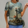 thumbnail image 6 of Lighthouse Sunrise Coast Scenery Pale Blue Tan Women's Short Sleeve Tops Casual Blouses T Shirt, 6 of 6