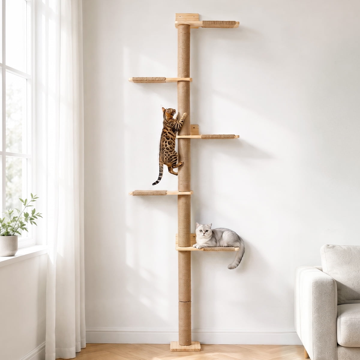 DOMIPET Wall Cat Tree, 5 Tier Floor To Ceiling Cats Tower, 83.9 Inch Wall-Mounted Cat Scratching Post, Space-Saving Cats Wall Shelves