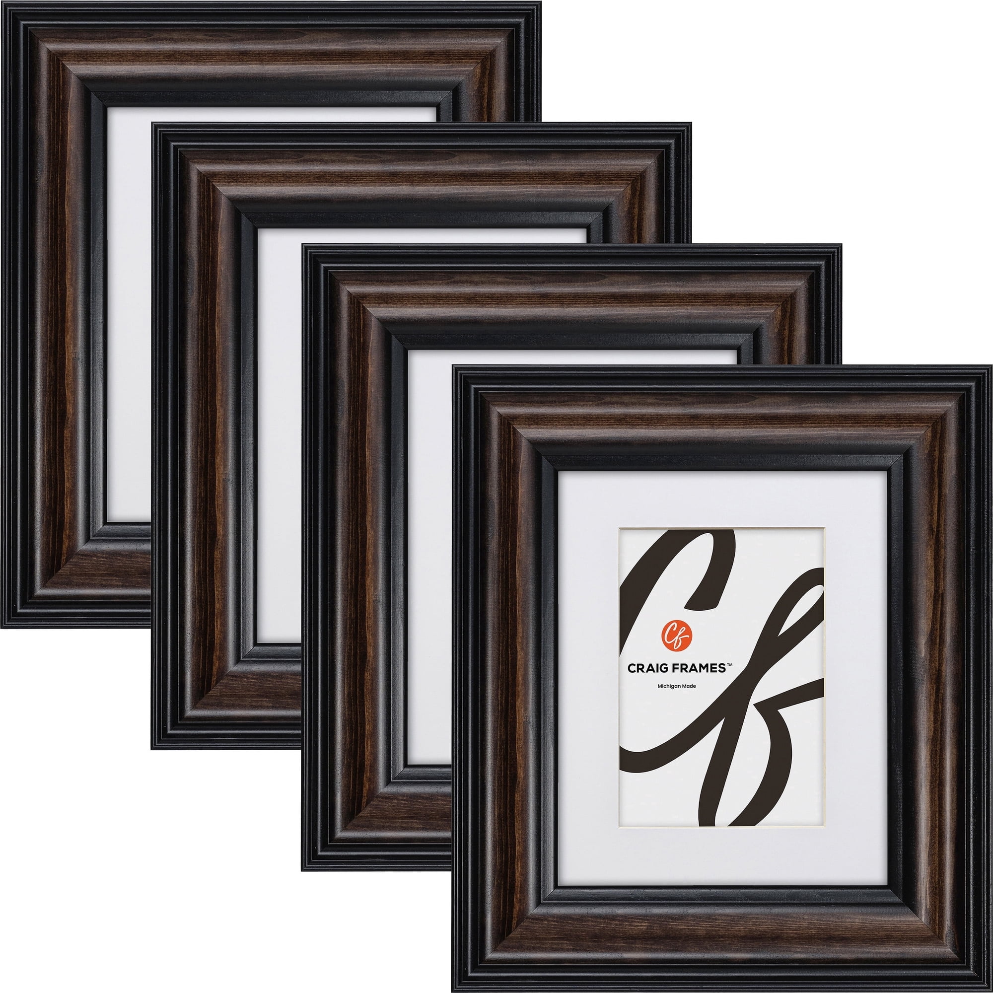 Craig Frames Potomac, 10x12 inch Walnut Brown Picture Frame Matted for an 8x10 Photo, Set of 4