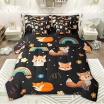 Feelyou Kawaii Fox Black Bedding Comforter Set 7 Pieces for Kids, Dreamy Cartoon Animal Full Bedding Set, Rainbow Flower Floral Reversible Fitted Sheet Flat Sheet, Microfiber Bedroom Decor