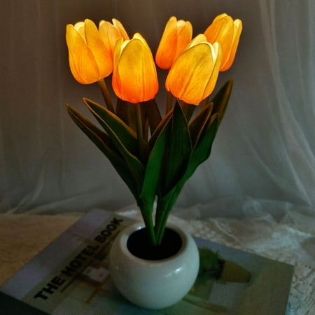

Sarkoyar Night Light Tulip Flowerpot Lamp Realistic Looking Battery Powered 6 Heads Glare Free Wide Application Decorative Ceramic Simulation Tulip Flower Bedside Atmosphere LED Light for Home