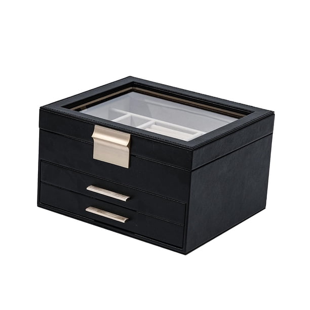Joyero Salvador de Piel Sintética Negro con 2 Cajones y 1 Caja