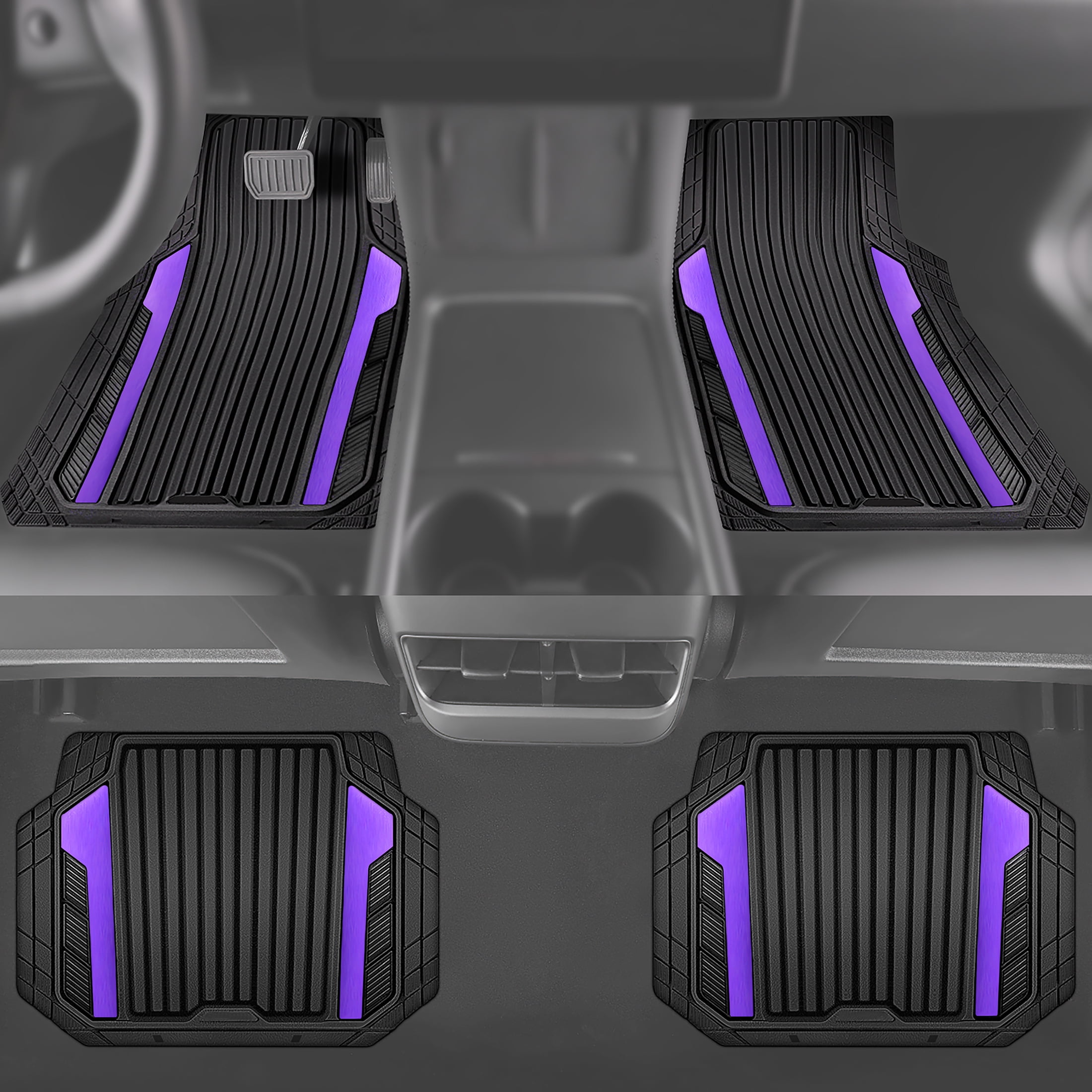 Auto Drive 4-Piece Black & Purple Heavy Duty Rubber Car Floor Mats, All Weather Universal Trim-to Fit for Car, SUV and Truck Mats