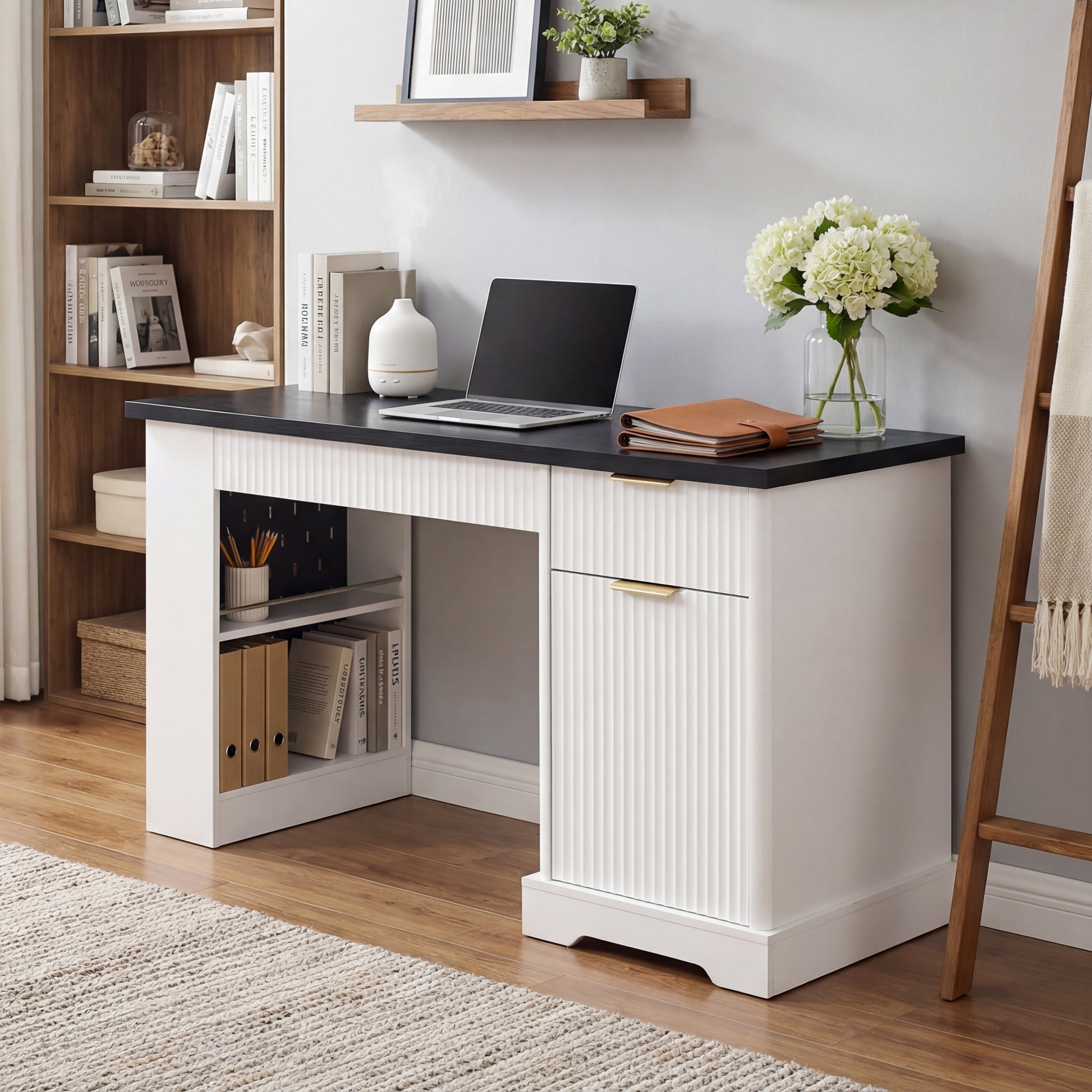 55" Office Desk with Storage Cabinet & Drawers, Computer Writing Desk with Power Outlet, Pegboard, Built-in Shelves and Keyboard Tray for Study, Living Room, Home Office, White