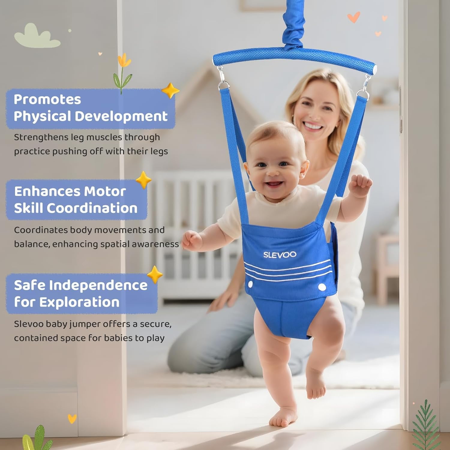 Slevoo Baby Jumper, Baby Doorway Jumper Bouncer for Babies 6-12 Months, with Easy to Use Clamp and Adjustable Strap, Blue