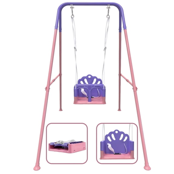 3-in-1 Foldable Toddler Swing Outdoor Toys, Baby Swing for Outside, Kids Swing with Metal Frame, Pink & Purple