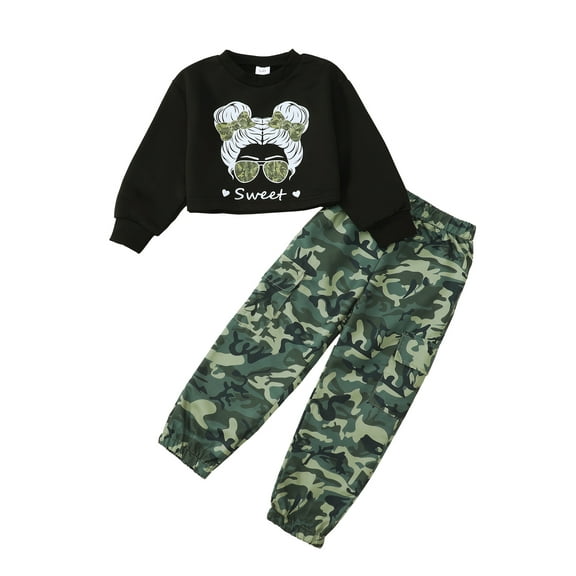 Kucnuzki 6Y Little Girls Winter Outfits 7Y Little Girls Warm Clothing Sets Long Sleeves Pullover Top Cool Girls Print Sweatshirt Top Camouflage Pants 2pcs Sets Black