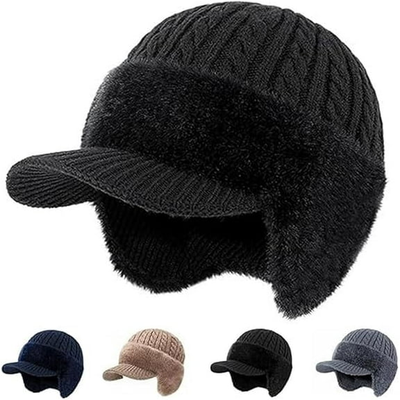 Blocking Knitted Hats Winter Cozy Head Beanie Hats with Brim and Ear Flaps Stocking Caps(Black)
