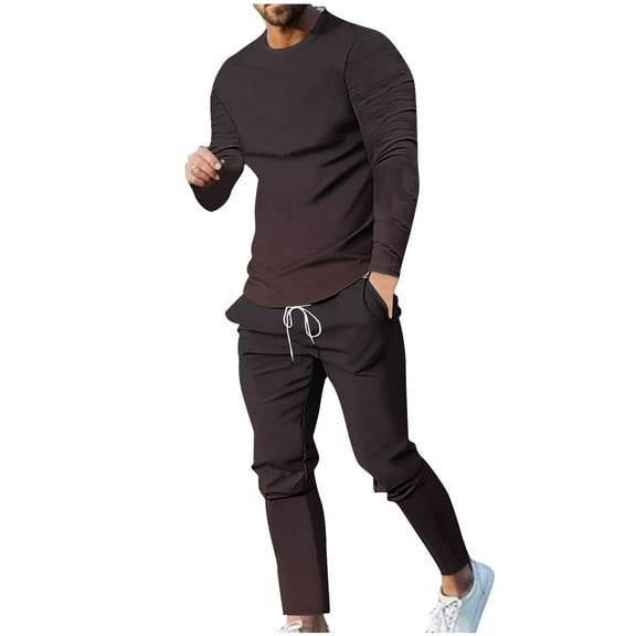 BXINGOHAI Mens Gradient 2 Pieces Sets Falol Winter T-Shirt Set Crewneck Long Sleeve Shirts Drawstring Pants Match Set Outdoor Casual Daily Outfits Sale Brown,L