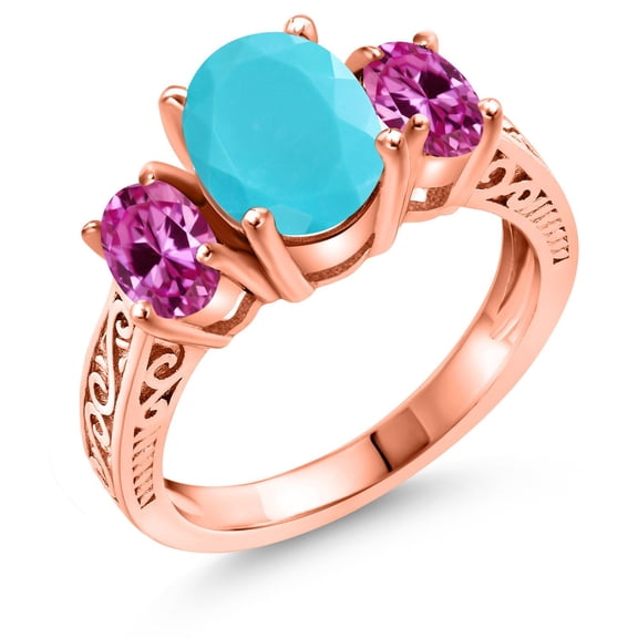 Gem Stone King 2.50 Ct Green Turquoise Pink Created Sapphire 18K Rose Gold Plated Silver Ring (Size 6)