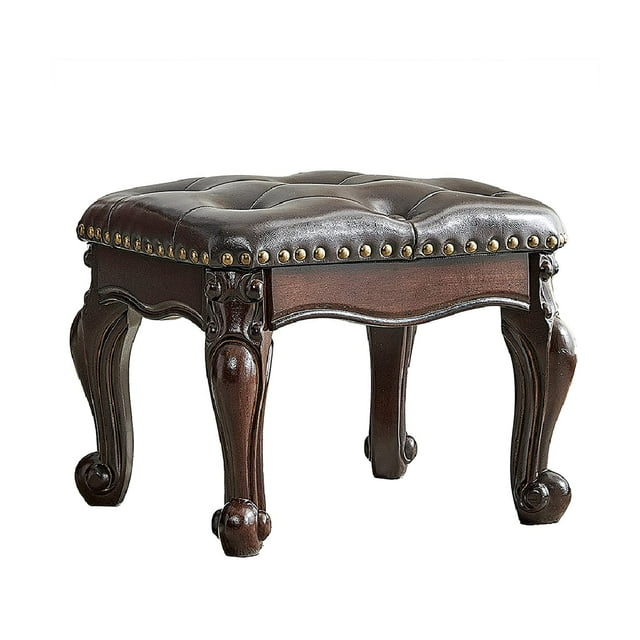 ZIRKOOON Taburete de madera cuadrado de madera de caucho, reposapiés otomano, cojín de cuero, taburete para sofá para sala de estar, dormitorio, montaje simple (marrón oscuro)