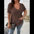 thumbnail image 3 of Blusas Casuales de Talla Grande para Mujer, Cuello en V, Color Liso, Ligeras y de Corta. Color Café 5XL, 3 of 5