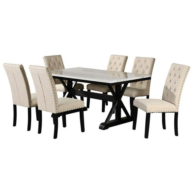 Light Espresso Faux Marble Dining Set with Dark Wood Base and Beige Chairs