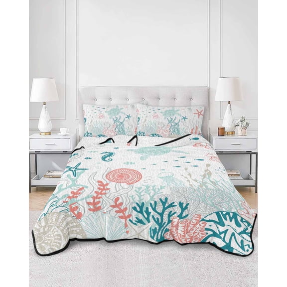 Quilts King Size, Coastal Turtle Soft Comforter Bedding Set for Bed, Teal Green Ocean Coral Starfish Jellyfish Lightweight Quilted Bedspread with Pillow Cover(2 Pieces) for All Season, 96x106 Inch