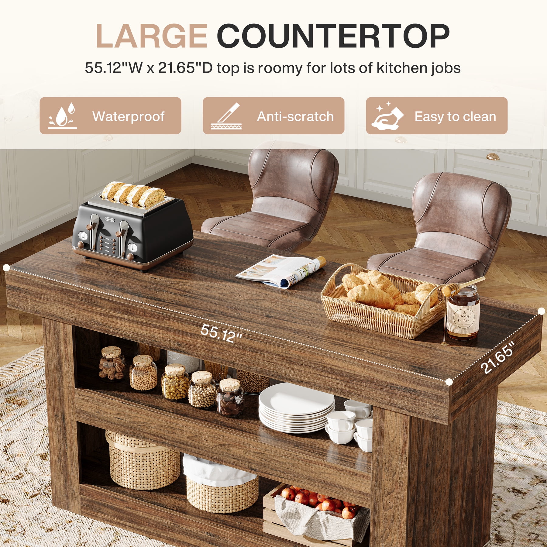 Fnova 55" 3-Tier Kitchen Island with Storage, Farmhouse Island Table with Large Countertop, Wooden Bar Table Storage for Kitchen, Dining Room, Brown