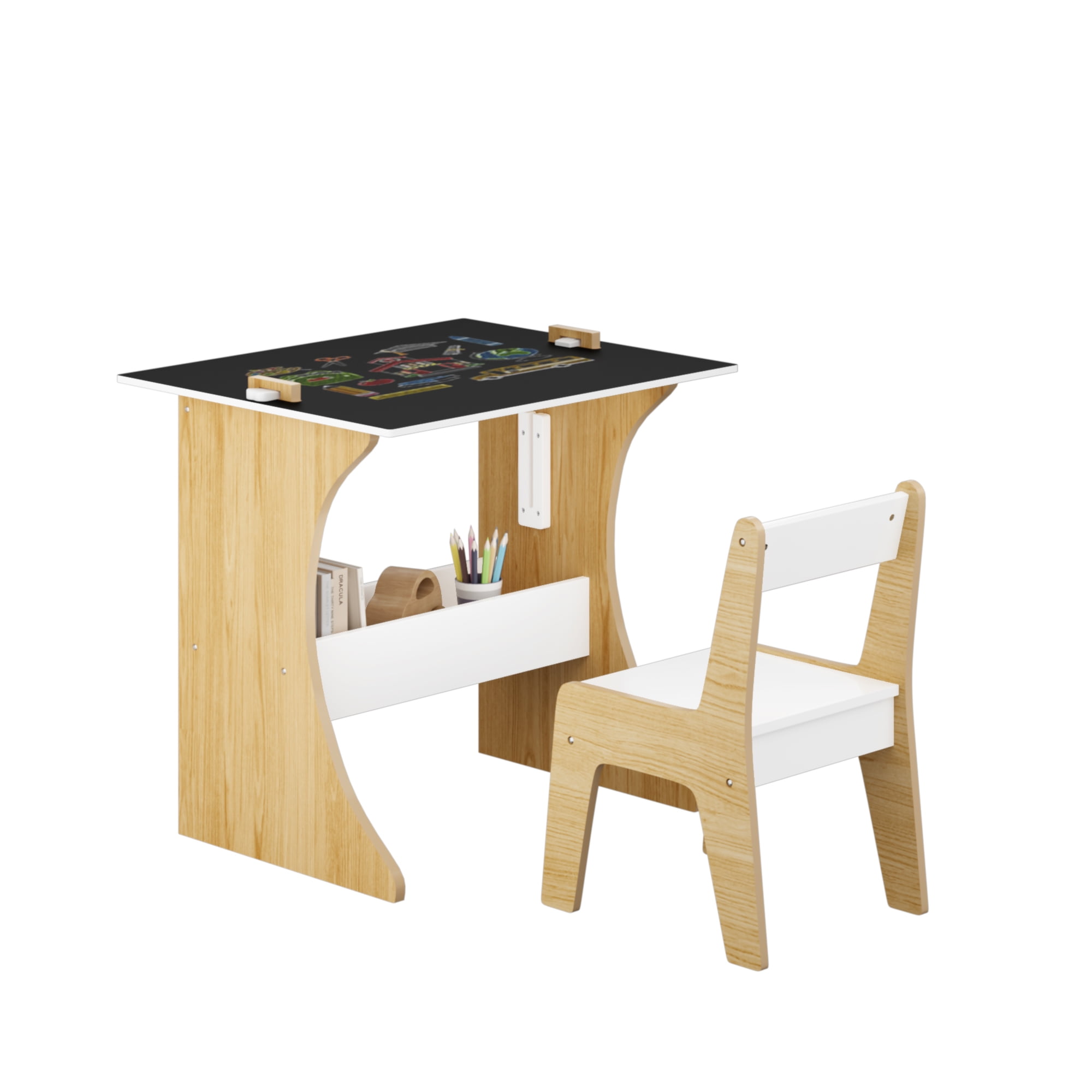 Yoneston Kids Table and Chair Set with Storage Rack, Wooden Children Study Table with Convertible Tabletop Blackboard for Study, Drawing and Play, White