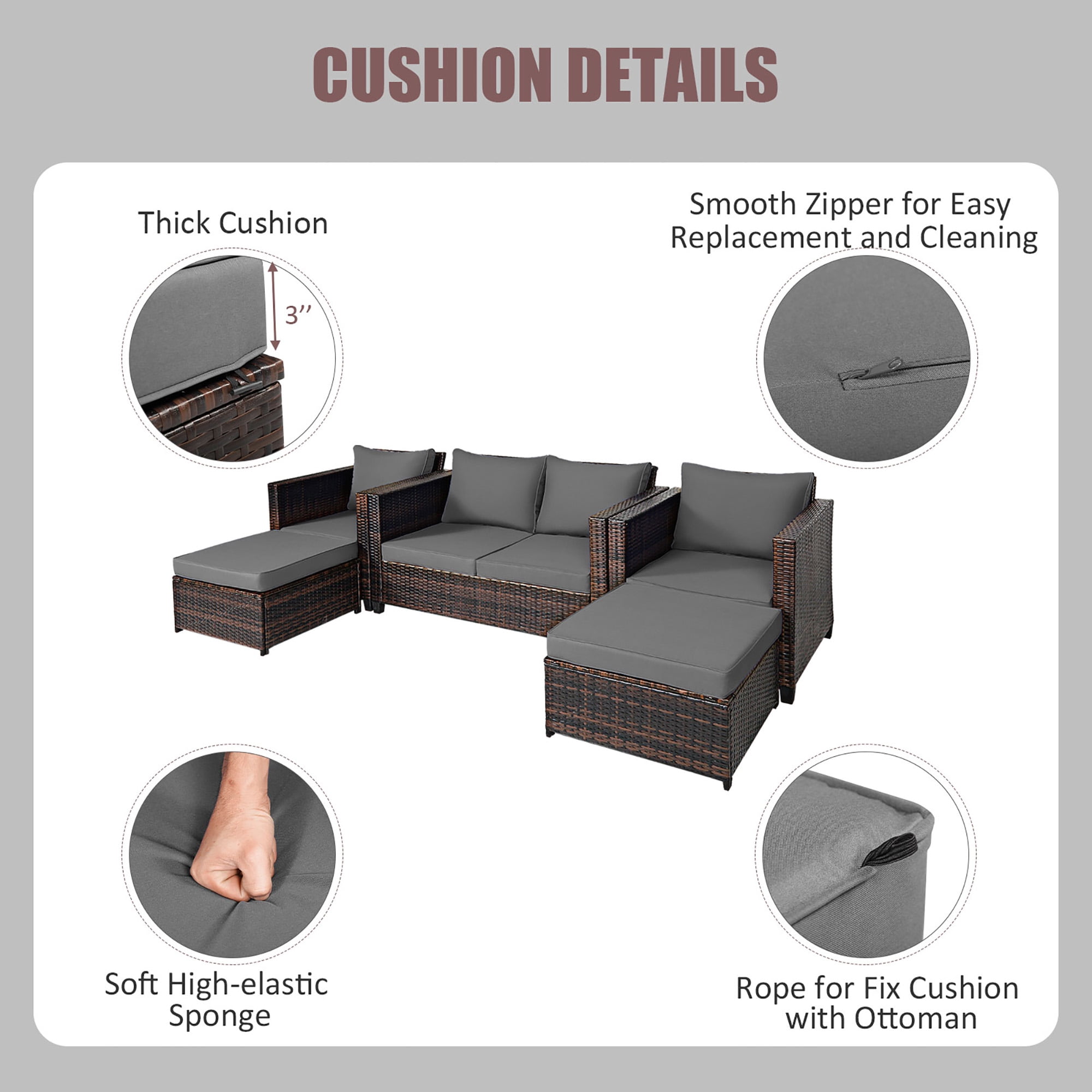 Gymax 5PCS Outdoor Patio Rattan Conversation Sofa Furniture Set w/ Grey Cushions