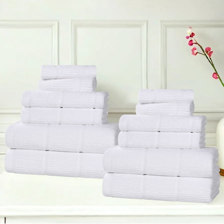 Superior Milo 12 Piece Smart Twist Cotton Towel Set, Medium Weight Ribbed Design Towels, White