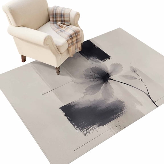 Abstract Art Washable Area Rug 2.7 x 5 ft Mottled Blooming Black Flower Beige Geometric Soft Non‑Slip Rugs Stain Repellent Indoor Mats for Kitchen Aisle, Foyer, Foot‑of‑Bed, Mudroom