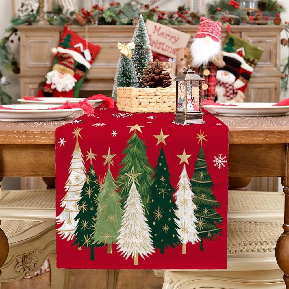 Christmas Table Runner 13x72 Inch, Xmas Trees Snowflakes Winter Holiday Decorative Farmhouse Table Decorations for Kitchen Dinning, Indoor Outdoor Dinner Party Decor