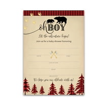 LUMBERJACK Baby Shower INVITATIONS — Pack of 25 — Country Buffalo Plaid Rustic BOY Baby Shower, Lumber Jack Bear Red Plaid, Blank Fill-in INVITES, Couples Shower Co-ed Shower Invitation I805-INV1