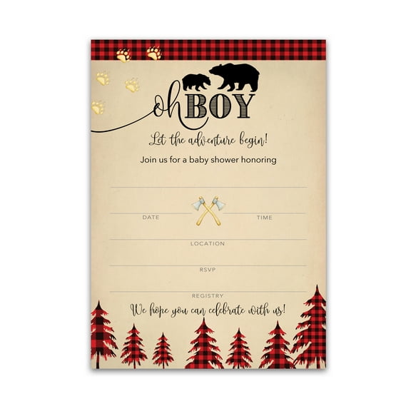 LUMBERJACK Baby Shower INVITATIONS — Pack of 25 — Country Buffalo Plaid Rustic BOY Baby Shower, Lumber Jack Bear Red Plaid, Blank Fill-in INVITES, Couples Shower Co-ed Shower Invitation I805-INV1