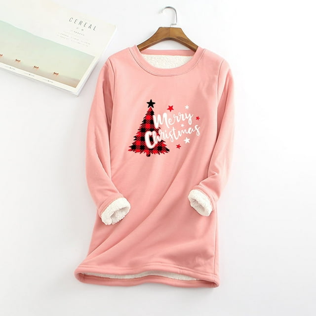 Chandails en Molleton Femmes Tendance et Hiver Décontracté Tempérament Mode Peluche Chaude sous-Couche Imprimé de Noël Manches Longues Col Rond Hauts Tenues Femmes en Liquidation