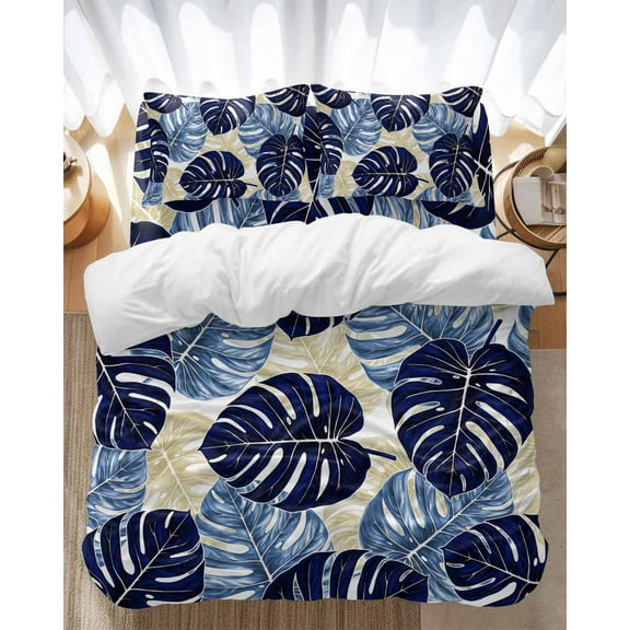 Tropical Plant Bedding Duvet Cover Set King Size 4 Pieces Blue Palm Leaf Country Texture Bedding Set with Zipper Closure, 1 Comforter Cover 92x106 Inches 1 Flat Sheet & 2 Pillow Cases